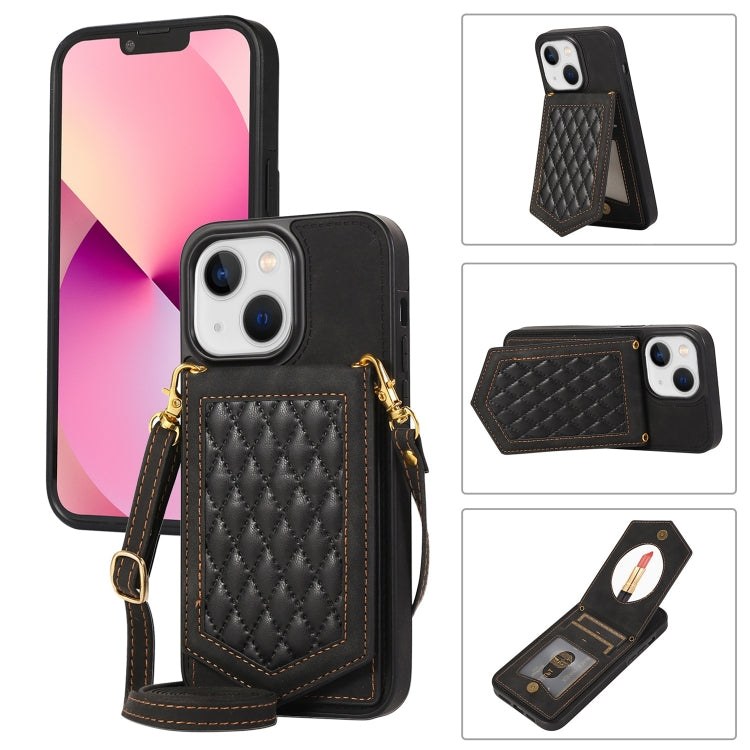 For iPhone 14 Rhombic Texture RFID Phone Case with Lanyard & Mirror