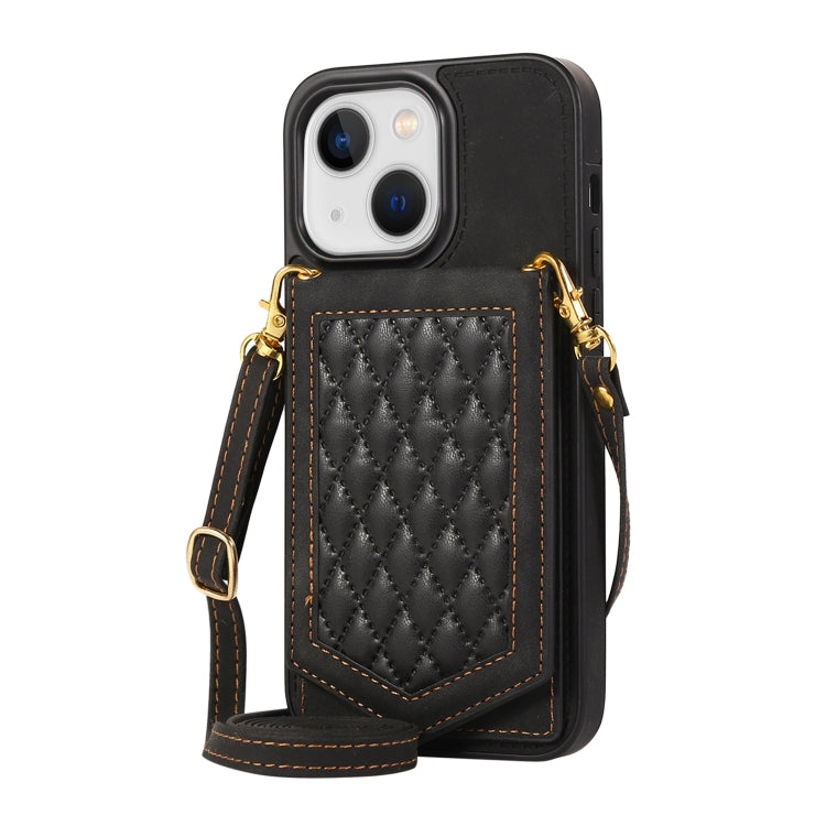 For iPhone 14 Rhombic Texture RFID Phone Case with Lanyard & Mirror