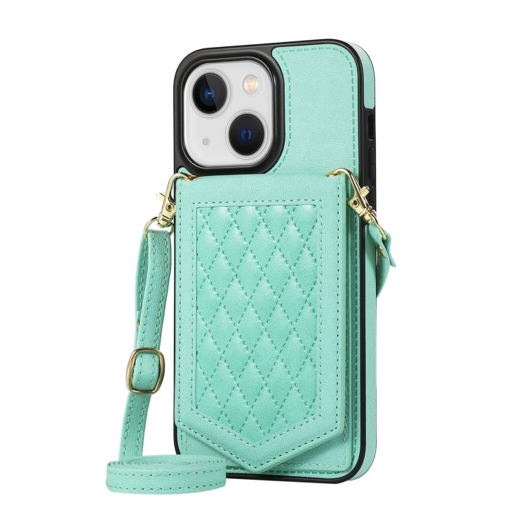 For iPhone 14 Plus Rhombic Texture RFID Phone Case with Lanyard & Mirror