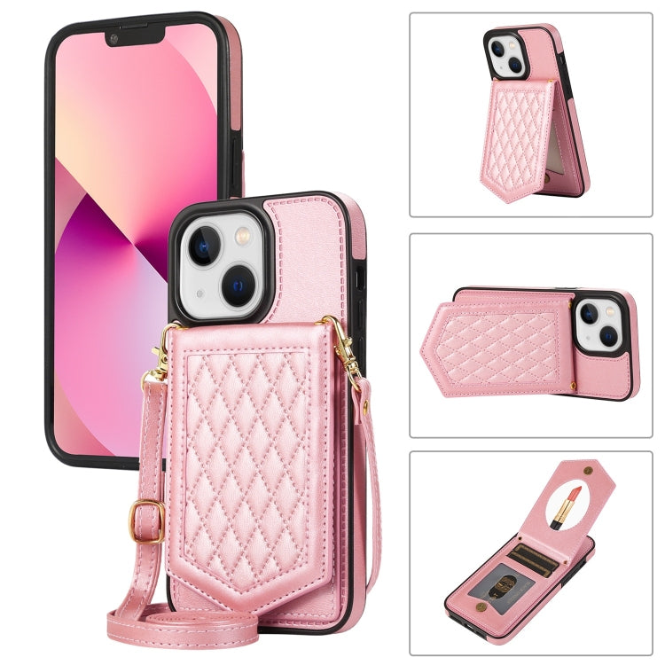 For iPhone 14 Plus Rhombic Texture RFID Phone Case with Lanyard & Mirror