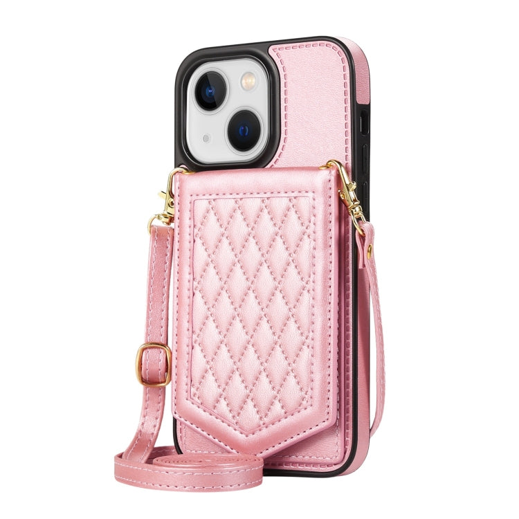 For iPhone 14 Plus Rhombic Texture RFID Phone Case with Lanyard & Mirror