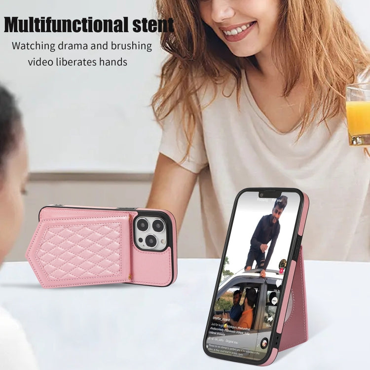 For iPhone 14 Plus Rhombic Texture RFID Phone Case with Lanyard & Mirror