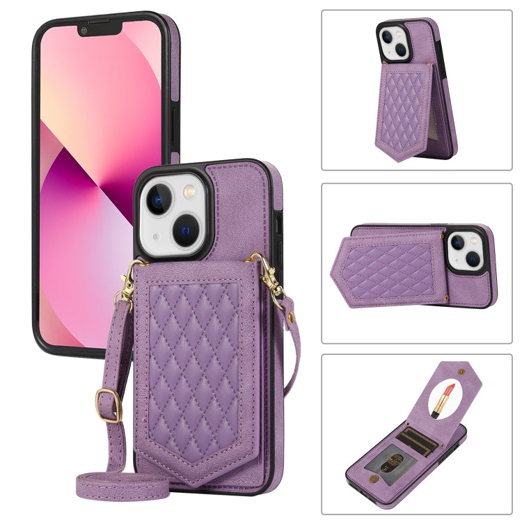 For iPhone 14 Plus Rhombic Texture RFID Phone Case with Lanyard & Mirror