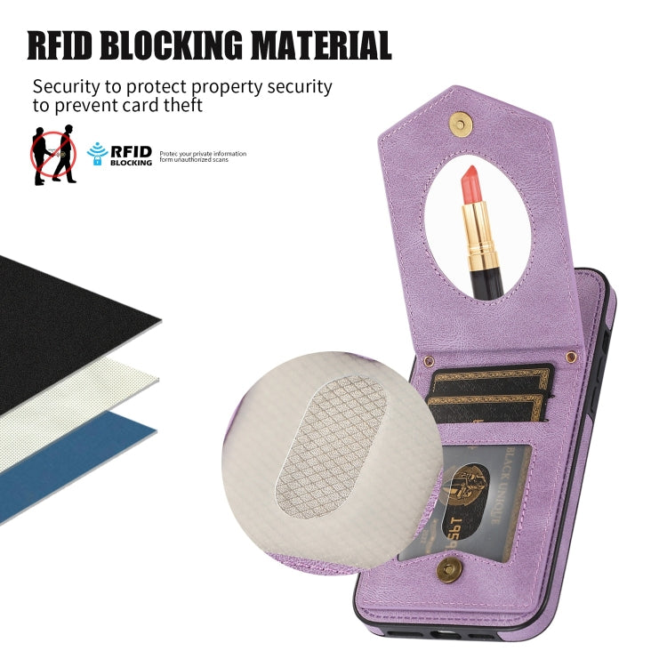 For iPhone 14 Plus Rhombic Texture RFID Phone Case with Lanyard & Mirror