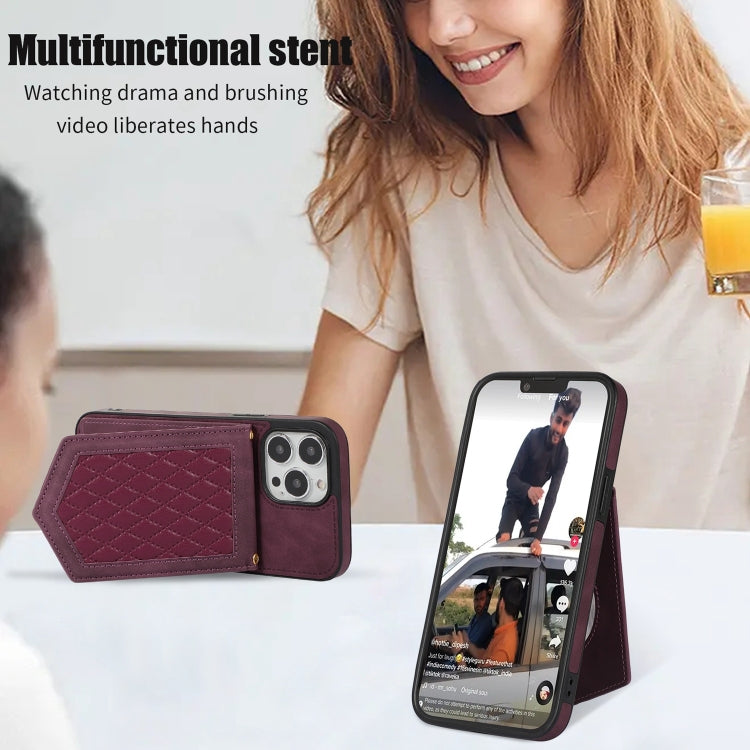 For iPhone 14 Plus Rhombic Texture RFID Phone Case with Lanyard & Mirror