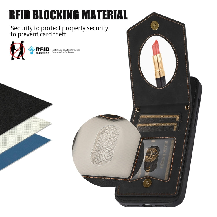 For iPhone 14 Plus Rhombic Texture RFID Phone Case with Lanyard & Mirror