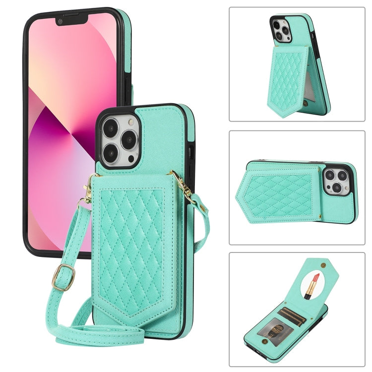 For iPhone 13 Pro Max Rhombic Texture RFID Phone Case with Lanyard & Mirror