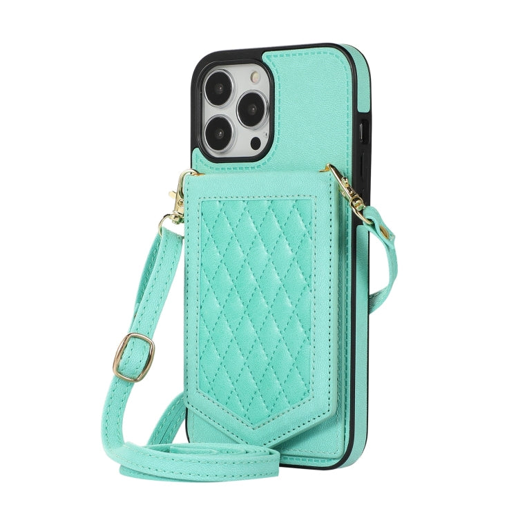 For iPhone 13 Pro Max Rhombic Texture RFID Phone Case with Lanyard & Mirror