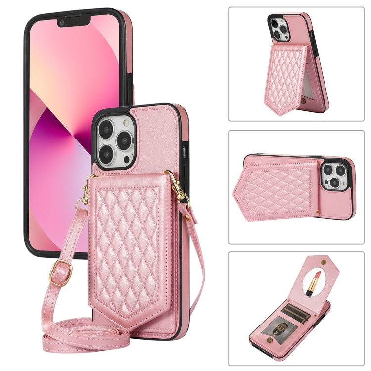 For iPhone 13 Pro Max Rhombic Texture RFID Phone Case with Lanyard & Mirror