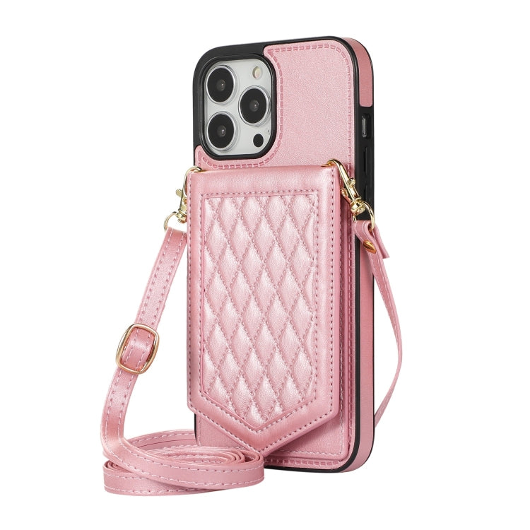 For iPhone 13 Pro Max Rhombic Texture RFID Phone Case with Lanyard & Mirror