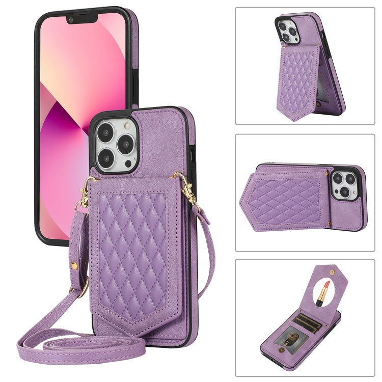 For iPhone 13 Pro Max Rhombic Texture RFID Phone Case with Lanyard & Mirror