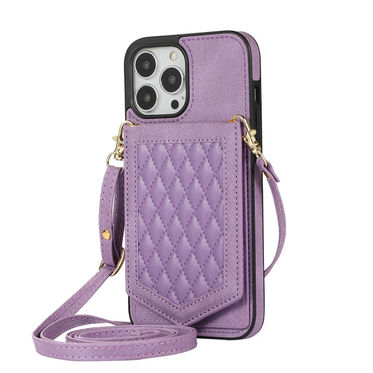 For iPhone 13 Pro Max Rhombic Texture RFID Phone Case with Lanyard & Mirror