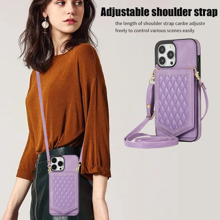 For iPhone 13 Pro Max Rhombic Texture RFID Phone Case with Lanyard & Mirror