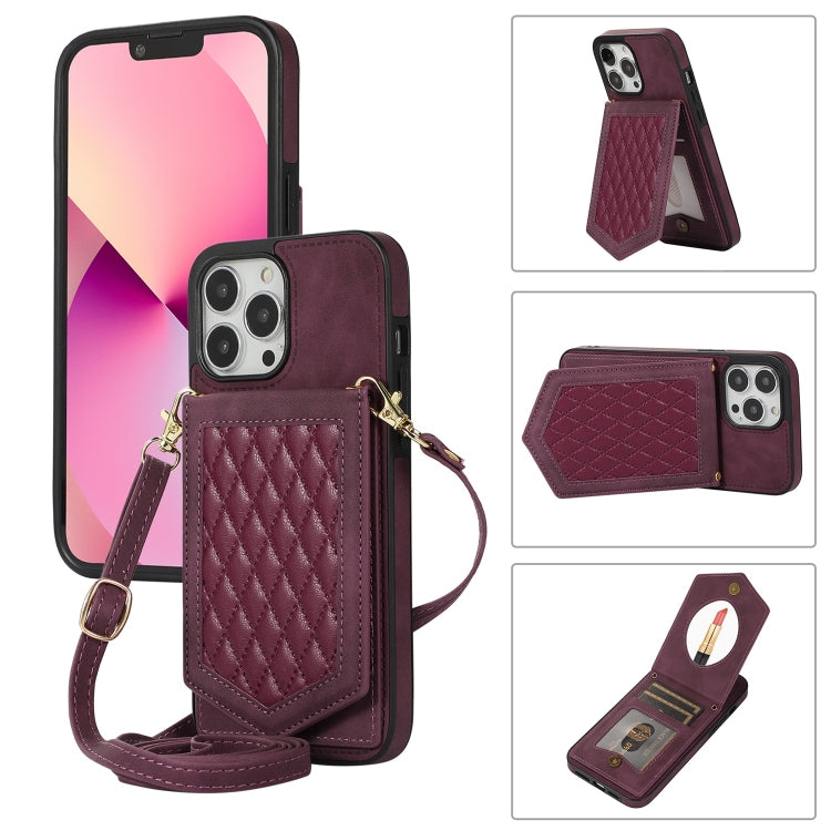 For iPhone 13 Pro Max Rhombic Texture RFID Phone Case with Lanyard & Mirror