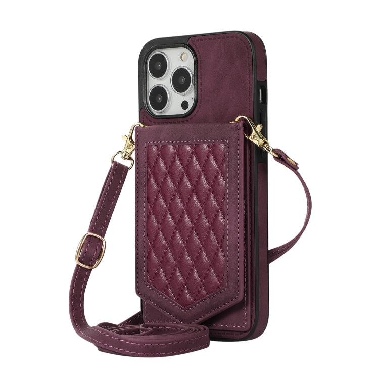 For iPhone 13 Pro Max Rhombic Texture RFID Phone Case with Lanyard & Mirror