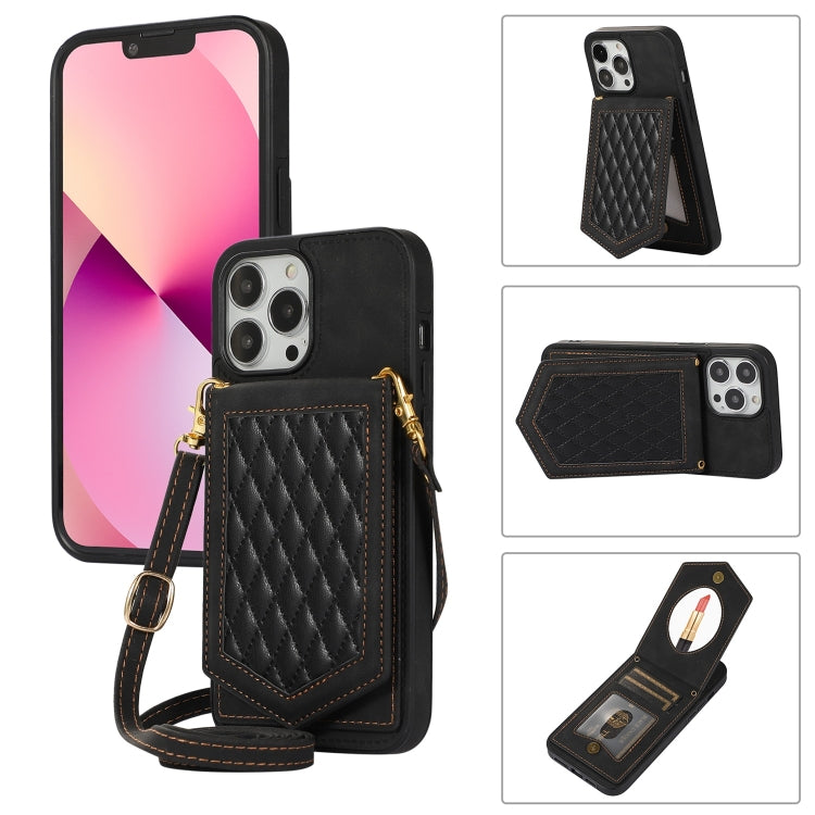 For iPhone 13 Pro Max Rhombic Texture RFID Phone Case with Lanyard & Mirror