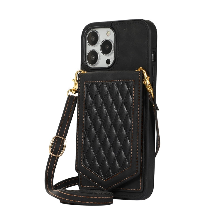 For iPhone 13 Pro Max Rhombic Texture RFID Phone Case with Lanyard & Mirror