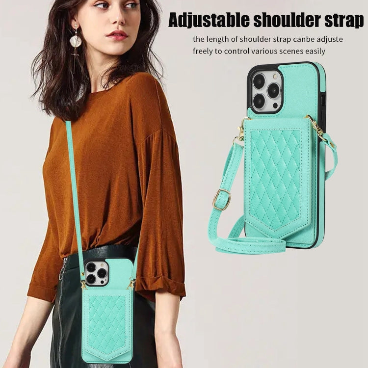 For iPhone 13 Rhombic Texture RFID Phone Case with Lanyard & Mirror
