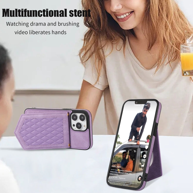 For iPhone 13 Rhombic Texture RFID Phone Case with Lanyard & Mirror