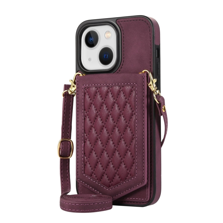 For iPhone 13 Rhombic Texture RFID Phone Case with Lanyard & Mirror