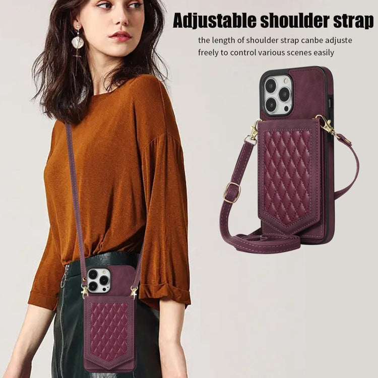 For iPhone 13 Rhombic Texture RFID Phone Case with Lanyard & Mirror