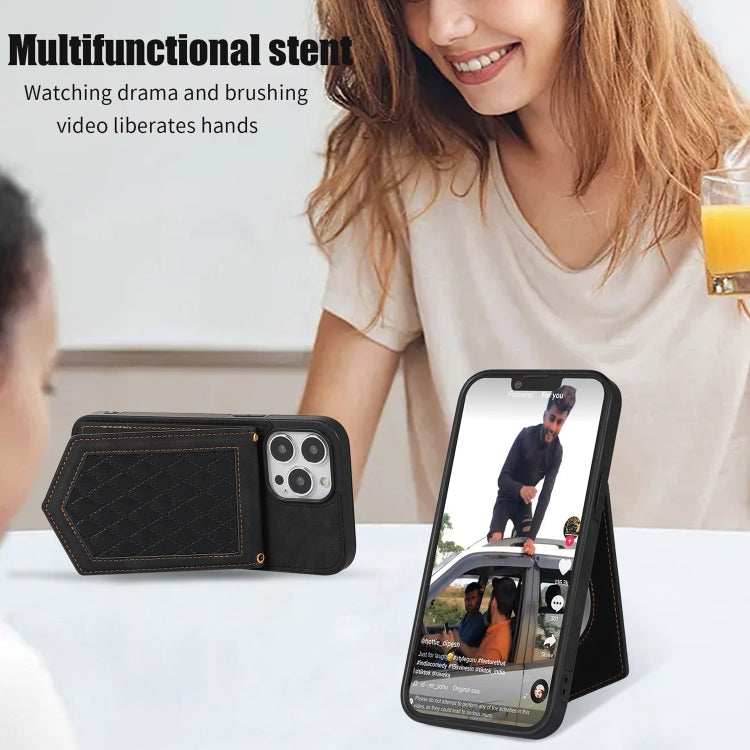 For iPhone 13 Rhombic Texture RFID Phone Case with Lanyard & Mirror