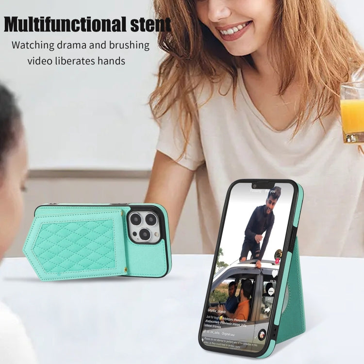 For iPhone 13 mini Rhombic Texture RFID Phone Case with Lanyard & Mirror