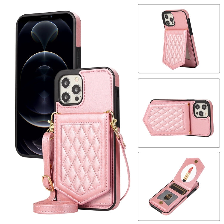 For iPhone 12 Pro Max Rhombic Texture RFID Phone Case with Lanyard & Mirror