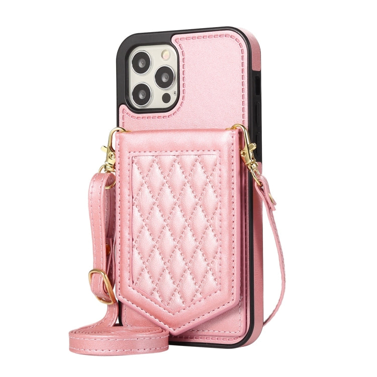 For iPhone 12 Pro Max Rhombic Texture RFID Phone Case with Lanyard & Mirror
