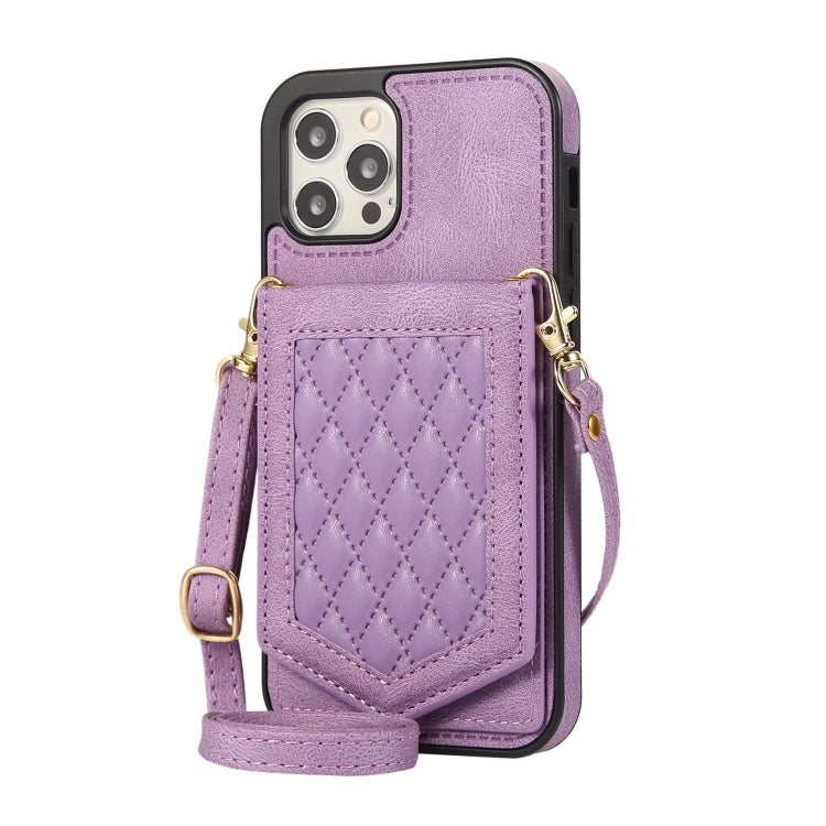 For iPhone 12 Pro Max Rhombic Texture RFID Phone Case with Lanyard & Mirror