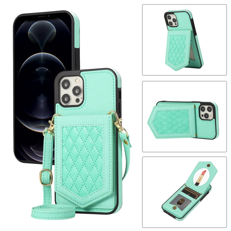 For iPhone 12 / 12 Pro Rhombic Texture RFID Phone Case with Lanyard & Mirror