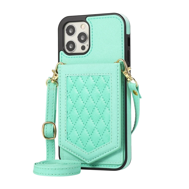 For iPhone 12 / 12 Pro Rhombic Texture RFID Phone Case with Lanyard & Mirror