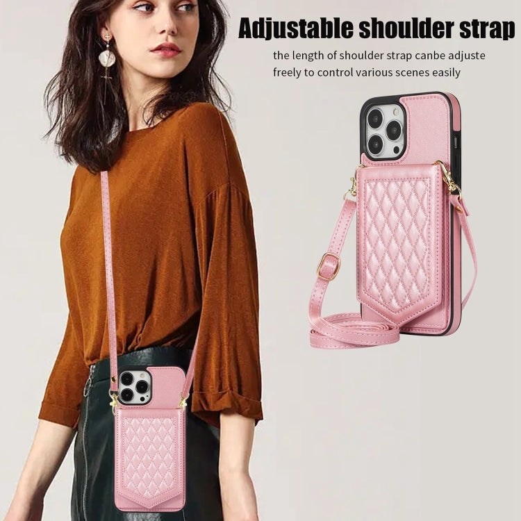 For iPhone 12 / 12 Pro Rhombic Texture RFID Phone Case with Lanyard & Mirror
