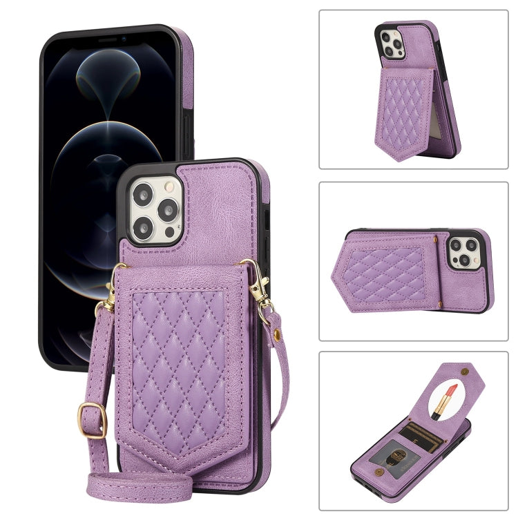 For iPhone 12 / 12 Pro Rhombic Texture RFID Phone Case with Lanyard & Mirror
