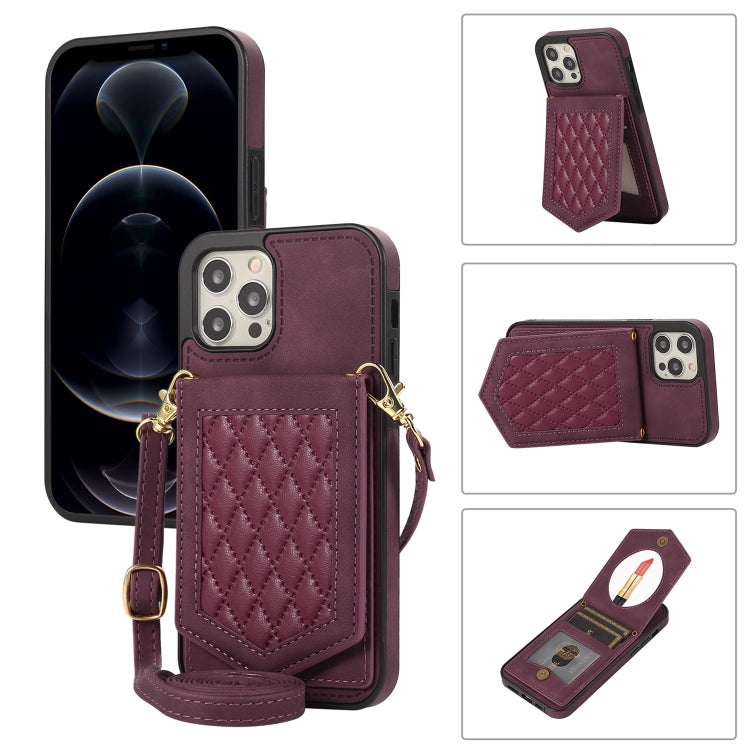 For iPhone 12 / 12 Pro Rhombic Texture RFID Phone Case with Lanyard & Mirror