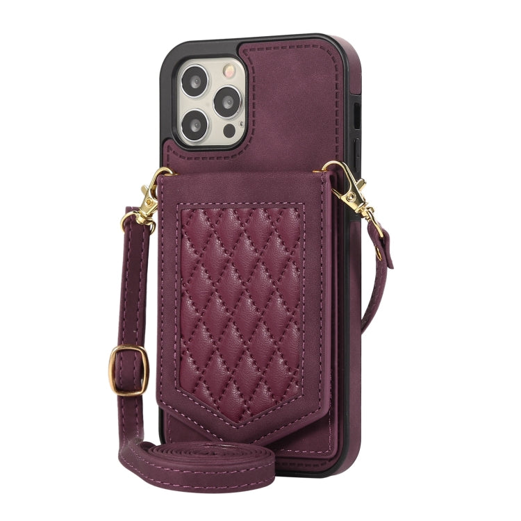 For iPhone 12 / 12 Pro Rhombic Texture RFID Phone Case with Lanyard & Mirror