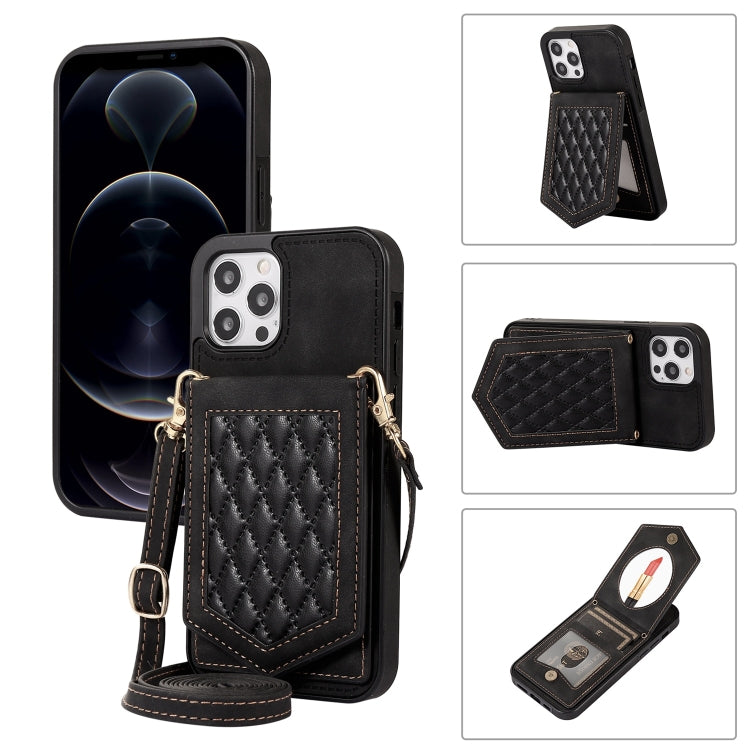 For iPhone 12 / 12 Pro Rhombic Texture RFID Phone Case with Lanyard & Mirror