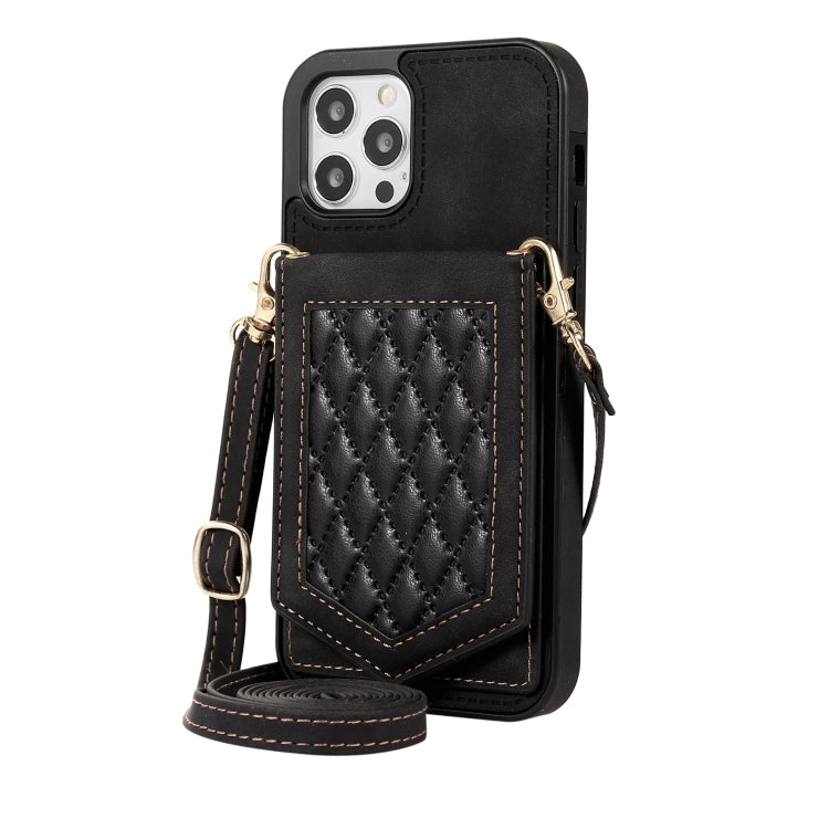 For iPhone 12 / 12 Pro Rhombic Texture RFID Phone Case with Lanyard & Mirror