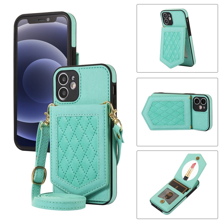 For iPhone 12 mini Rhombic Texture RFID Phone Case with Lanyard & Mirror