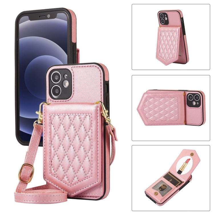 For iPhone 12 mini Rhombic Texture RFID Phone Case with Lanyard & Mirror
