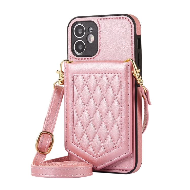 For iPhone 12 mini Rhombic Texture RFID Phone Case with Lanyard & Mirror