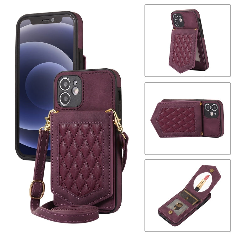 For iPhone 12 mini Rhombic Texture RFID Phone Case with Lanyard & Mirror