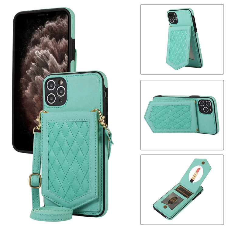 For iPhone 11 Pro Max Rhombic Texture RFID Phone Case with Lanyard & Mirror