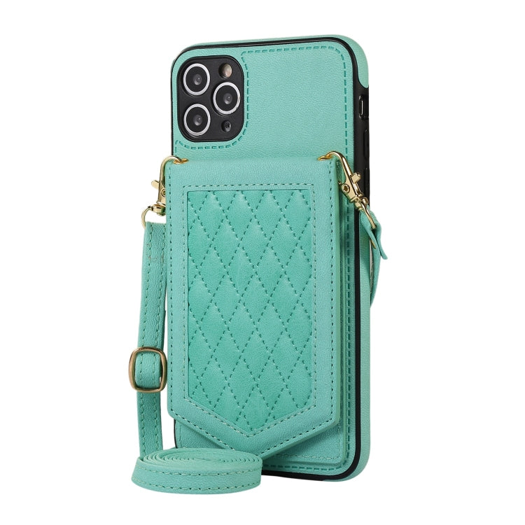 For iPhone 11 Pro Max Rhombic Texture RFID Phone Case with Lanyard & Mirror