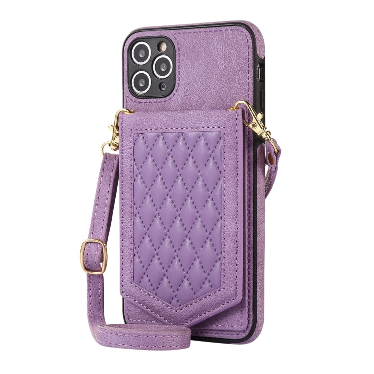 For iPhone 11 Pro Max Rhombic Texture RFID Phone Case with Lanyard & Mirror