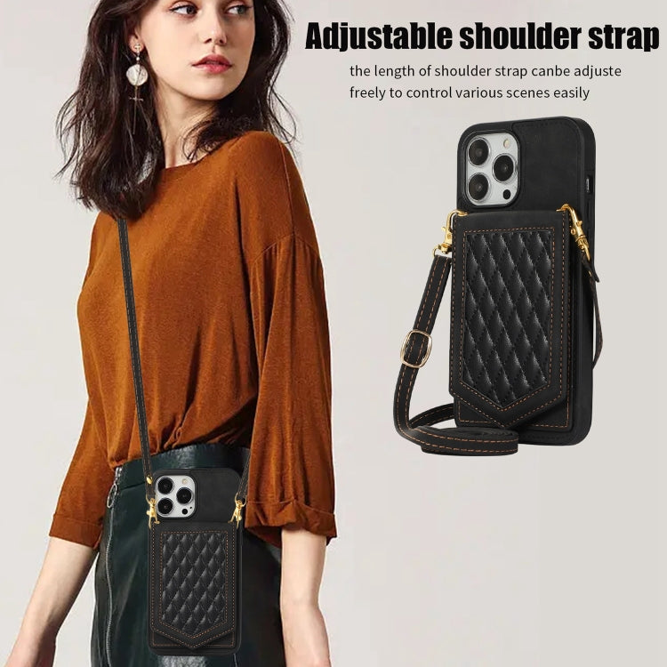 For iPhone 11 Pro Max Rhombic Texture RFID Phone Case with Lanyard & Mirror