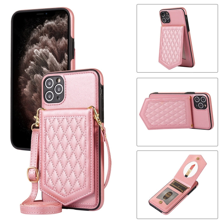 For iPhone 11 Pro Rhombic Texture RFID Phone Case with Lanyard & Mirror