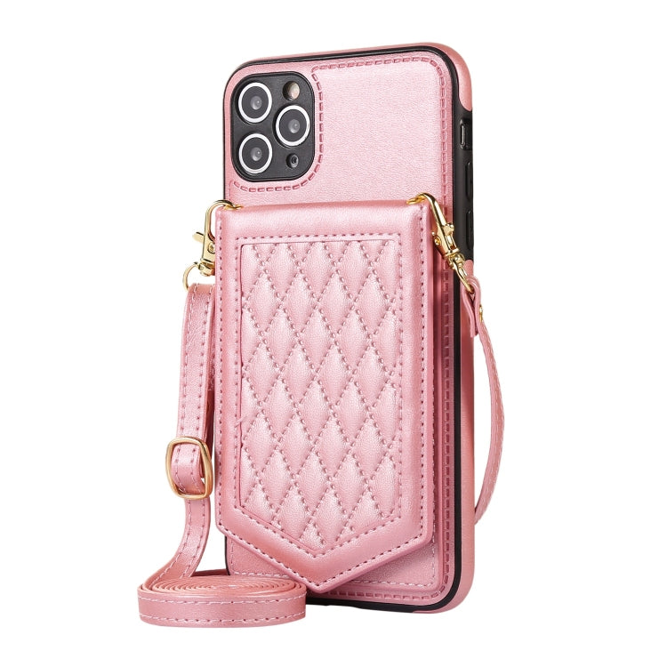 For iPhone 11 Pro Rhombic Texture RFID Phone Case with Lanyard & Mirror