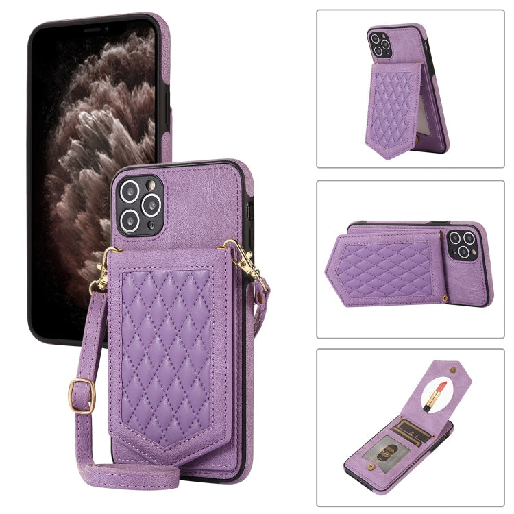 For iPhone 11 Pro Rhombic Texture RFID Phone Case with Lanyard & Mirror