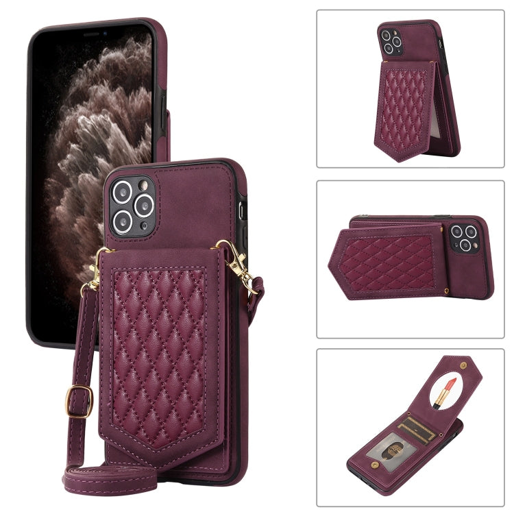 For iPhone 11 Pro Rhombic Texture RFID Phone Case with Lanyard & Mirror